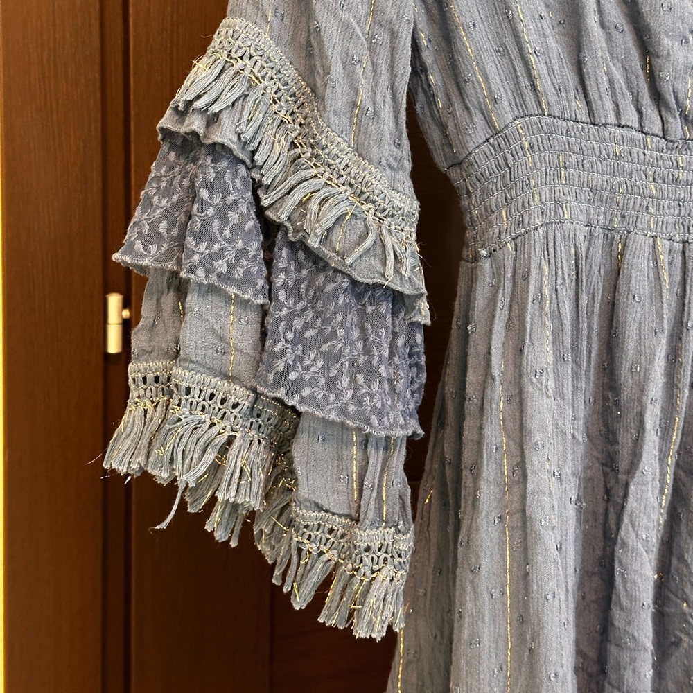 Blue Ruffled V-Neck Dress - Picture 4 of 7